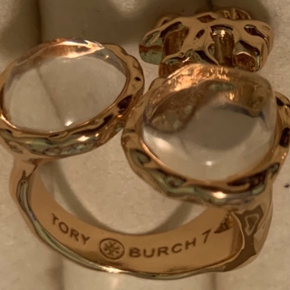 Tory Burch gold Roxanne with clear stones adjustable size Ring - Picture 2 of 8